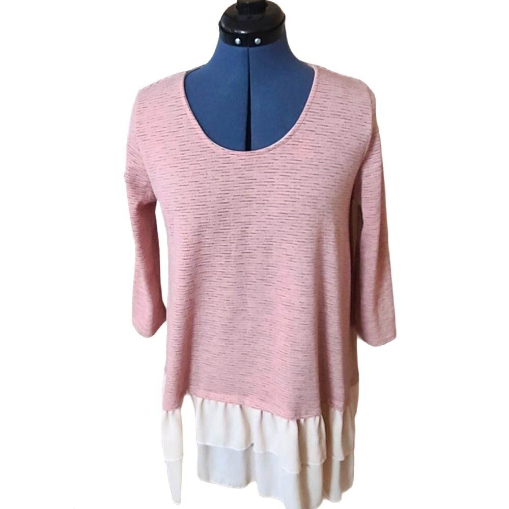 Vision USA lagenlook skirted tunic 3/4 sleeve large pink and cream Large